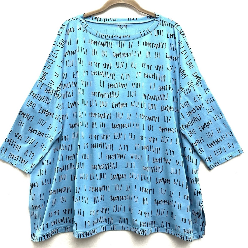 MATTHILDUR MxM Karen Top M/L Caribe Script Print Cotton Lycra Blue Peru
